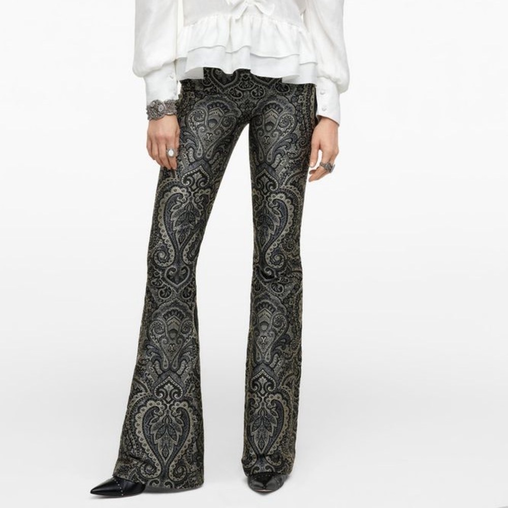 Zara Black & White Metallic Jacquard Paisley Flare Pants